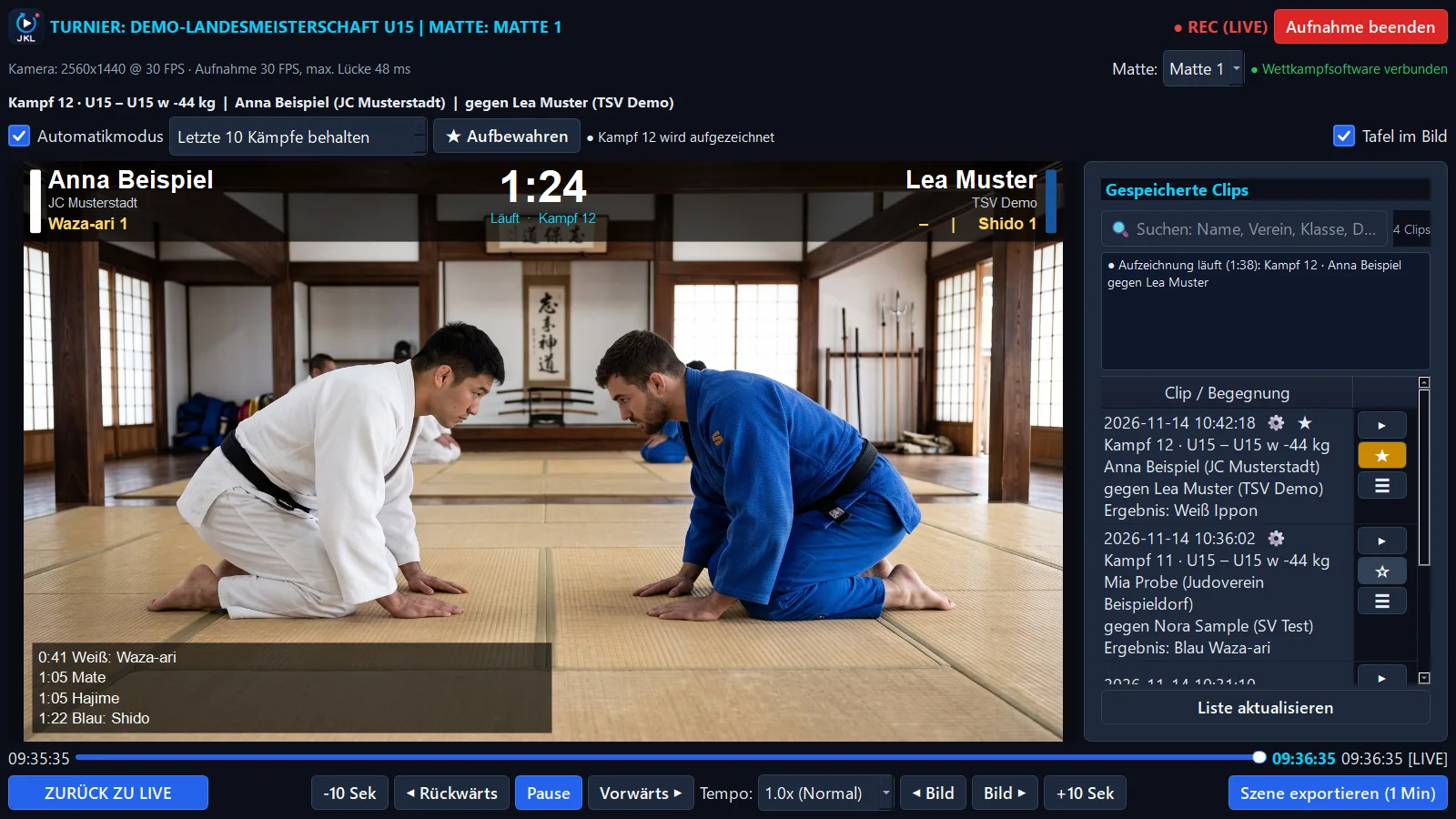 Judo-CARE-System: Live-Aufnahme